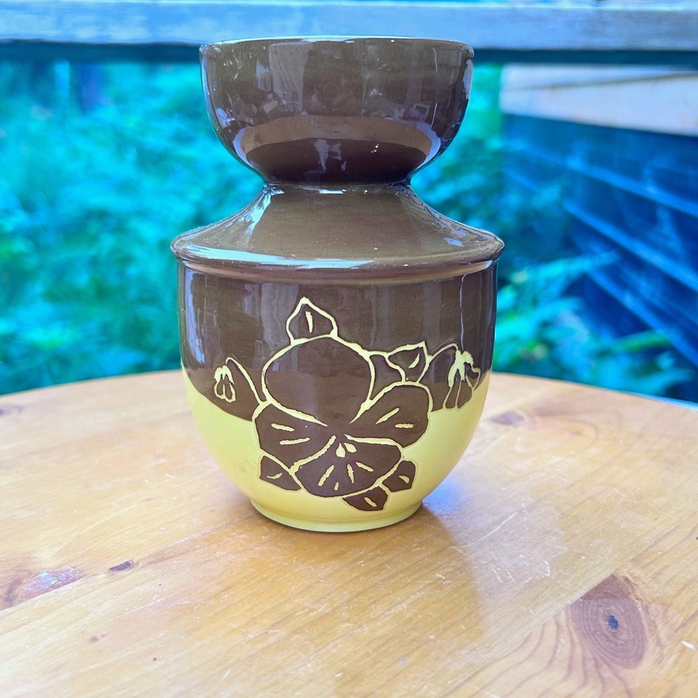 Vintage Pottery Craft California Lidded Jar Small Yellow Brown Pansy MCM Retro